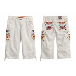 People for Peace White Embroidered Capri Jeans Cargo Pockets Size 31